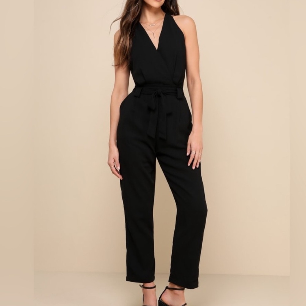 Lulus Black In the City Black Surplice Sleeveless Jumpsuit Size Small